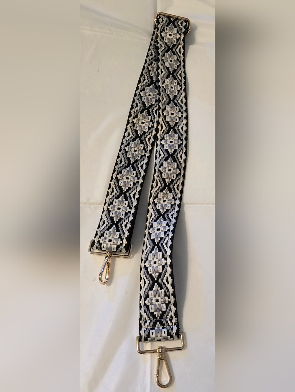 Navy Blue White Gray Geometric Woven Adjustable Wide Purse Strap Gold Tone Clips